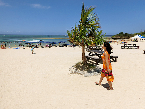 広い砂浜を散歩する女性